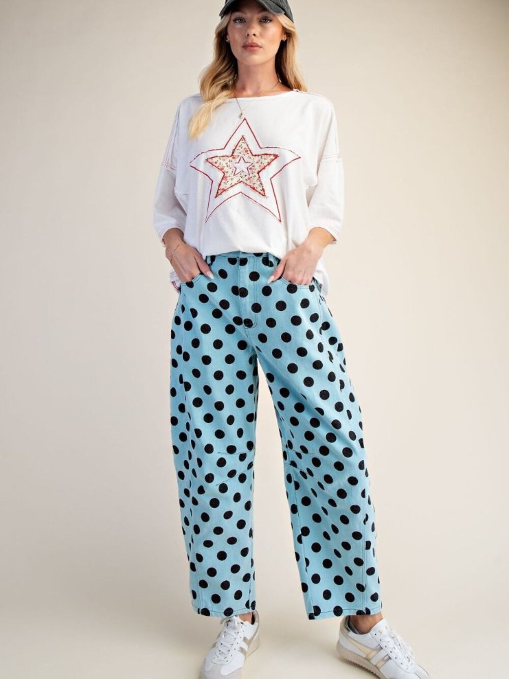 EASEL DOTS PRINT WASHED TWILL BARREL PANTS 100% COTTON